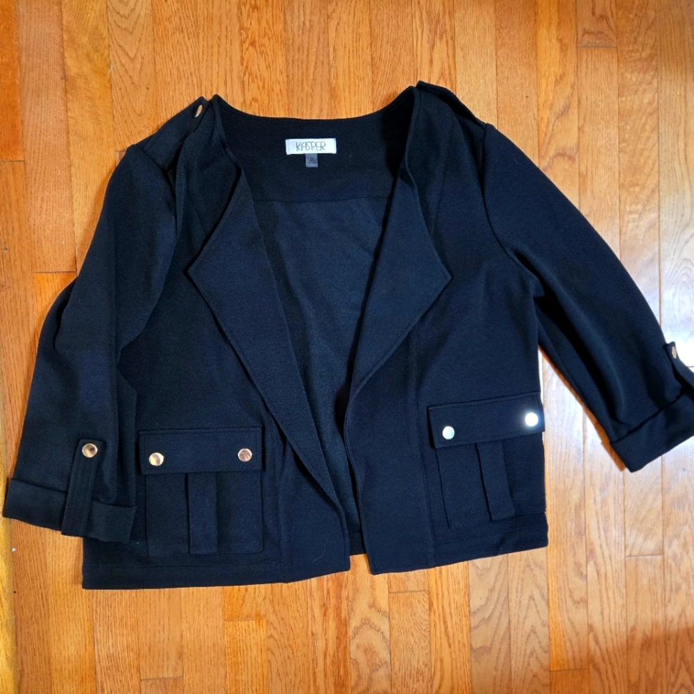 Kasper Black Buttonless Blazer with Light Gold Accents